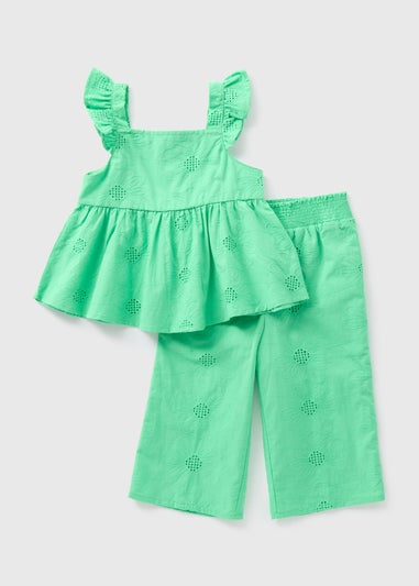 Girls Green Embroidered Co Ord Top & Trousers Set (1-7yrs)