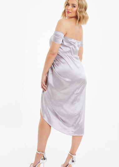 Quiz Silver Curve Satin Bardot Midi Dress