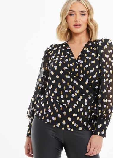 Quiz Black Curve Polka Dot Foil Wrap Top