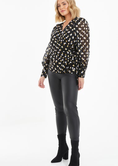 Quiz Black Curve Polka Dot Foil Wrap Top
