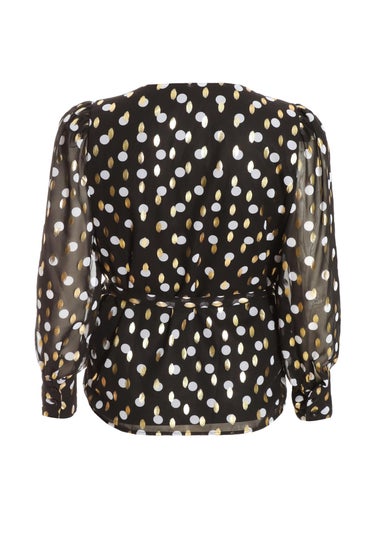 Quiz Black Curve Polka Dot Foil Wrap Top