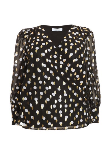 Quiz Black Curve Polka Dot Foil Wrap Top
