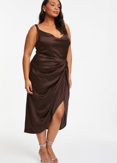 Quiz Brown Curve Satin Ruched Midi Dress