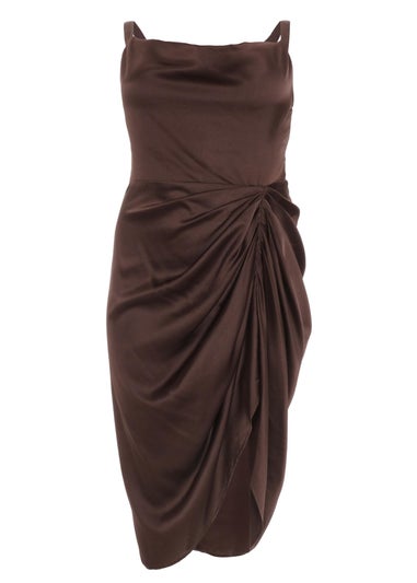 Quiz Brown Curve Satin Ruched Midi Dress