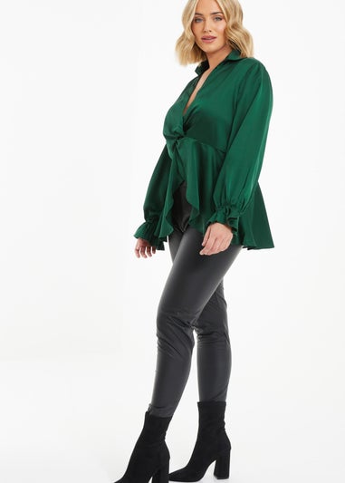 Quiz Green Curve Satin Frill Cuff Blouse