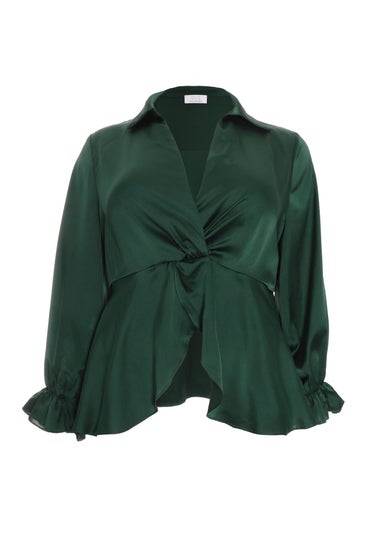 Quiz Green Curve Satin Frill Cuff Blouse