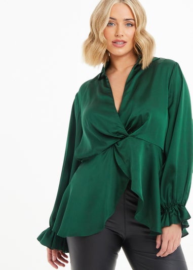 Quiz Green Curve Satin Frill Cuff Blouse