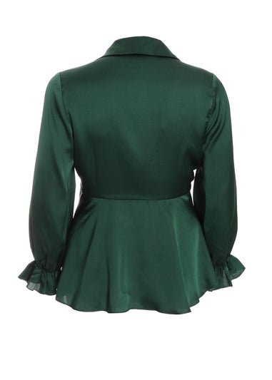 Quiz Green Curve Satin Frill Cuff Blouse