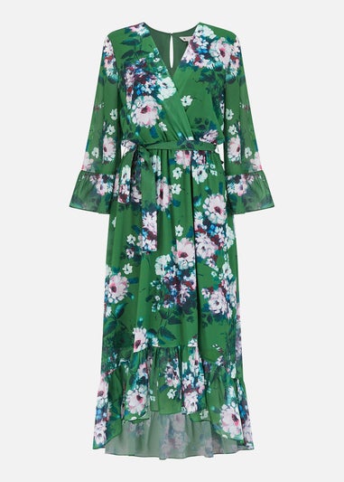 Yumi Green Watercolour Floral Dip Hem Midi Dress