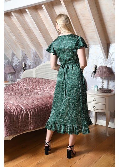 Yumi Green Leopard Satin Frill Wrap Midi Dress