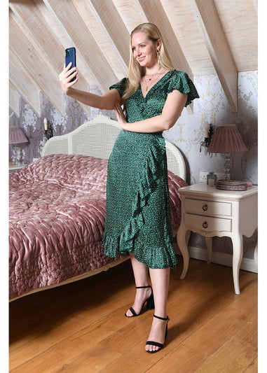 Yumi Green Leopard Satin Frill Wrap Midi Dress