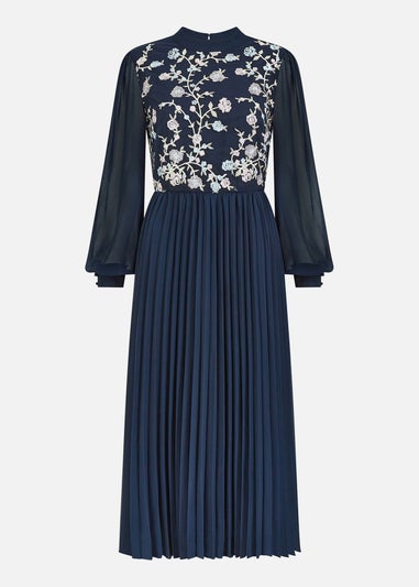 Yumi Navy Long Sleeve Embroidered Midi Dress With Pleats