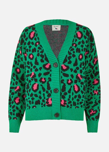 Yumi Green Animal Intarsia Knitted Cardigan