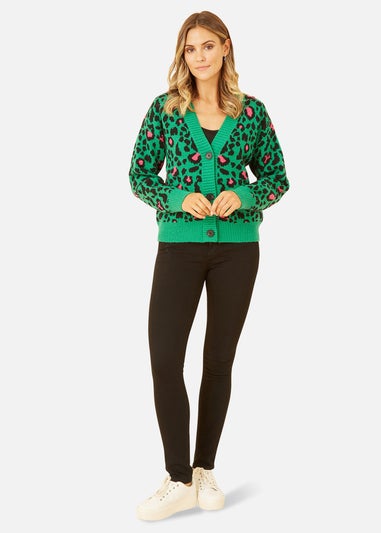 Yumi Green Animal Intarsia Knitted Cardigan
