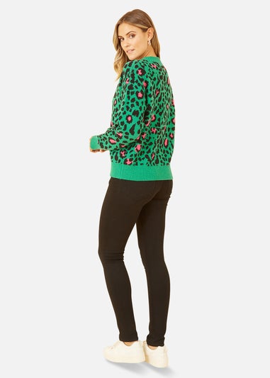 Yumi Green Animal Intarsia Knitted Cardigan