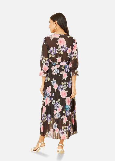 Yumi Black Floral Pleated Wrap Midi Dress