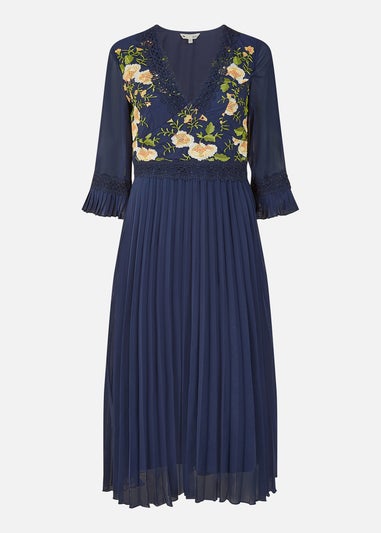 Yumi Navy Embroidered Floral Pleated Midi Dress