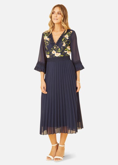 Yumi Navy Embroidered Floral Pleated Midi Dress