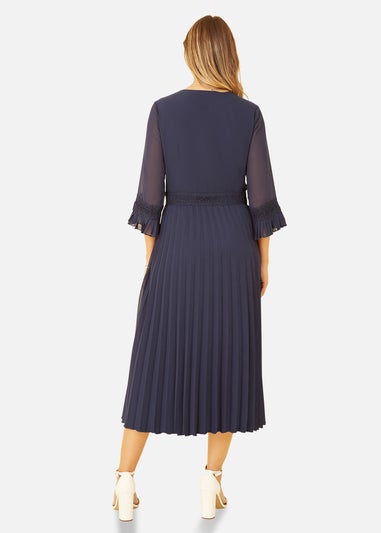 Yumi Navy Embroidered Floral Pleated Midi Dress