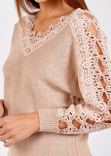 Blue Vanilla Rose Gold V Neck Lace Sleeve Detail Jumper