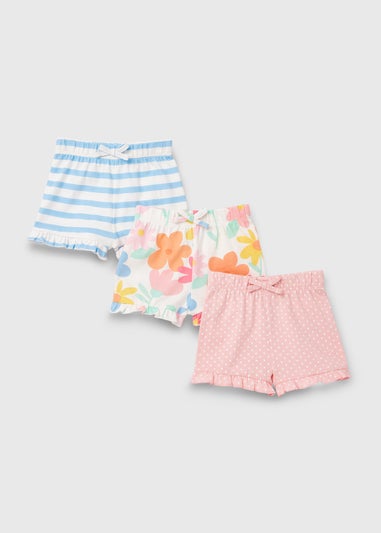 Baby 3 Pack Pink Blue & Cream Floral Shorts (Newborn-23mths)