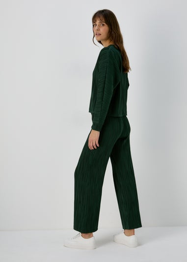 Green Textured Wide Leg Trousers