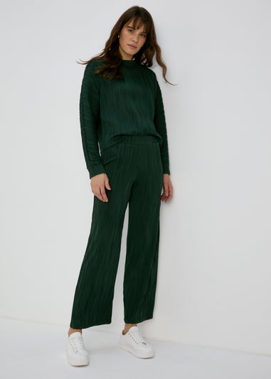 Green Textured Wide Leg Trousers