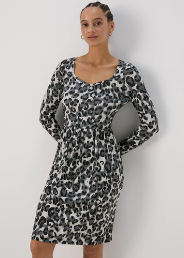 Grey Animal Print Ribbed Swing Dress