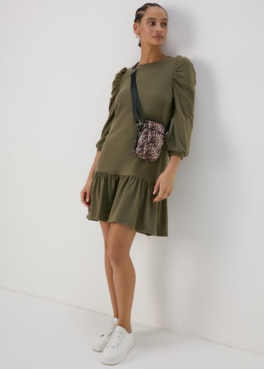 Khaki Puff Sleeve Smock Dress