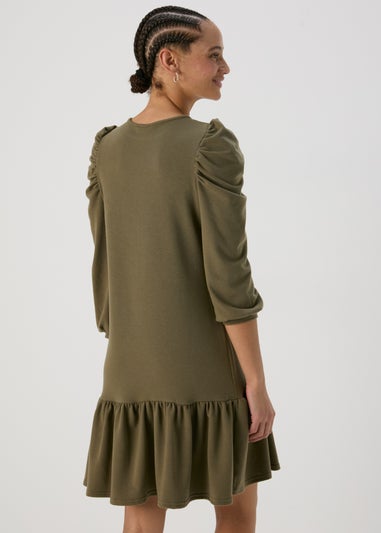 Khaki Puff Sleeve Smock Dress