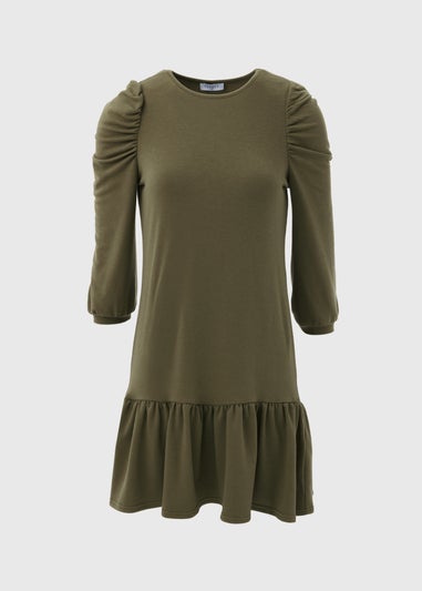 Khaki Puff Sleeve Smock Dress