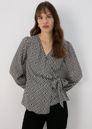 Black Geo Print Wrap Top