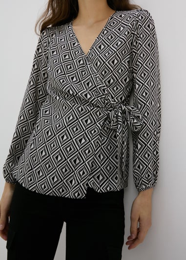 Black Geo Print Wrap Top