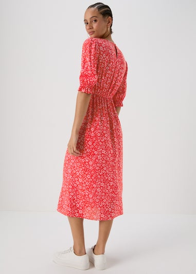 Pink Frill Waist Floral Midi Dress