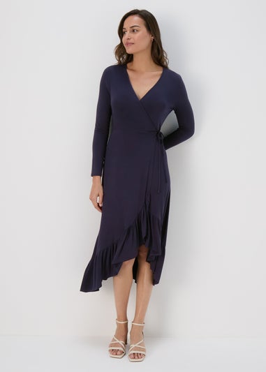 Navy Frill Hem Wrap Dress