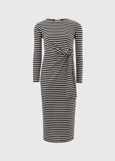 Black Stripe Tie Side Ribbed Midi Dress