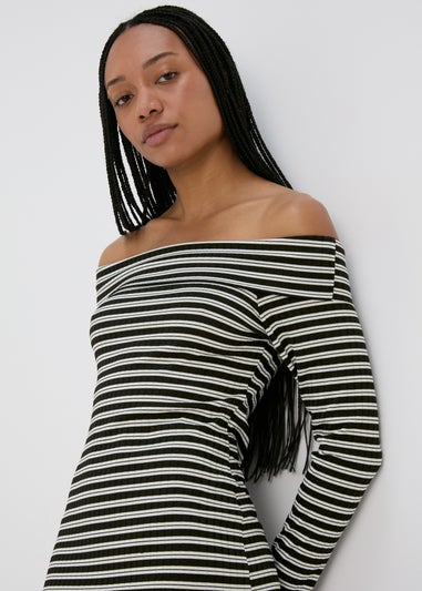 Black Stripe Ribbed Bardot Dress