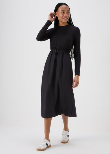 Black Jersey Woven Midi Dress