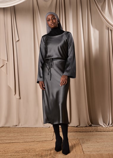 Grey Satin Belted Midi Dress