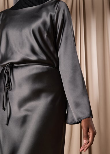 Grey Satin Belted Midi Dress