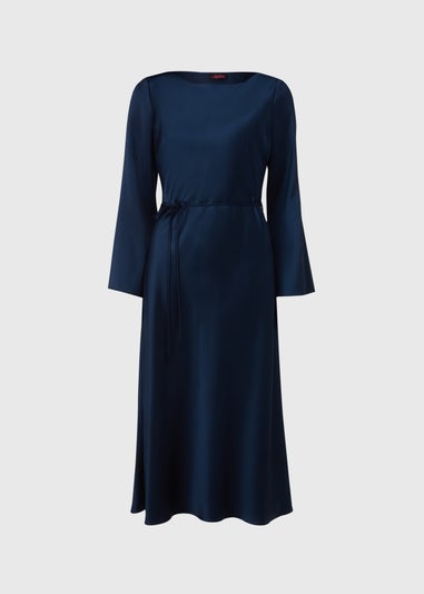 Navy Satin Belted Midi Dress