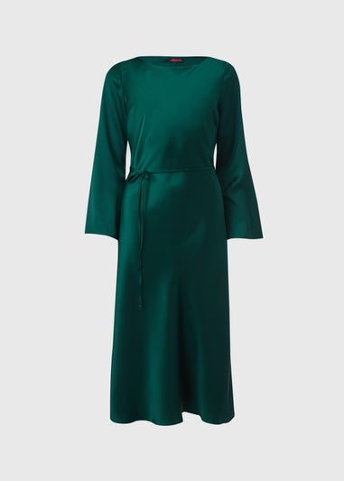 Green Satin Belted Midi Dress