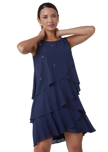 Roman Midnight Blue Embellished Chiffon Frill Swing Dress