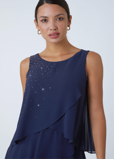 Roman Midnight Blue Embellished Chiffon Frill Swing Dress