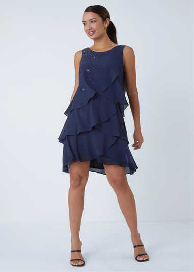 Roman Midnight Blue Embellished Chiffon Frill Swing Dress