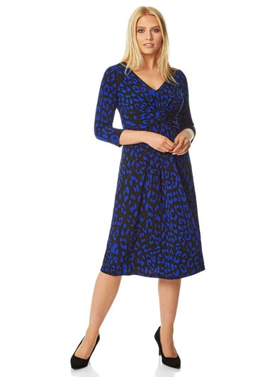 Roman Royal Blue Leopard Print Fit And Flare Skater Dress