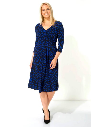 Roman Royal Blue Leopard Print Fit And Flare Skater Dress