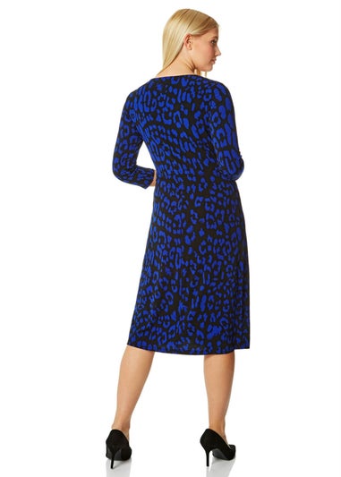 Roman Royal Blue Leopard Print Fit And Flare Skater Dress