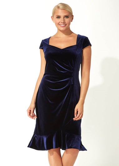 Roman Navy Velvet Sweetheart Flute Hem Dress