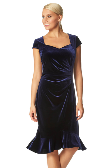 Roman Navy Velvet Sweetheart Flute Hem Dress